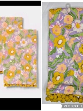 New Threshold 2 Pack Hand Towels Purple Multi Floral Spring Pom Pom Trim Cotton